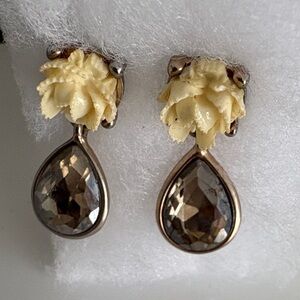 Elegant Cream Flower Drop Earrings with Smoky Teardrop Stones